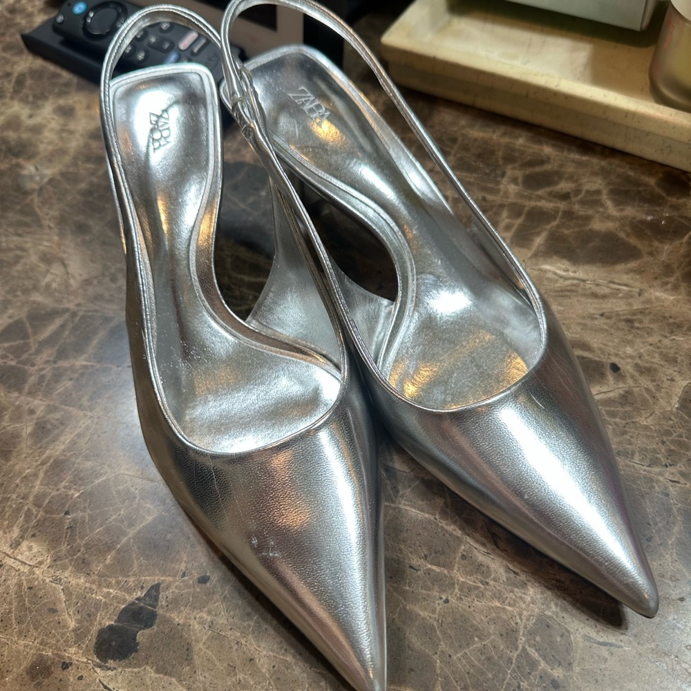 Zara Metallic Silver Slingback Heels